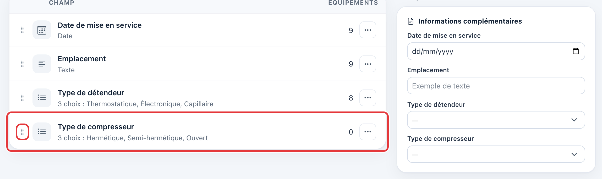 Liste des champs avec le nouveau « Type de compresseur » et sa poignée de déplacement entourés en rouge ; l'aperçu à droite le montre en bas du formulaire.