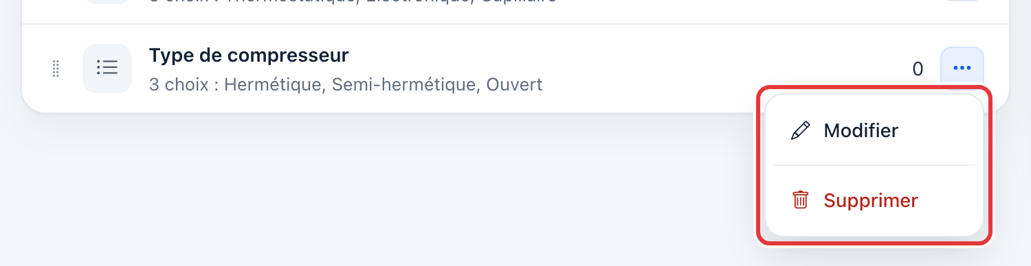 Menu ⋯ du champ Type de compresseur, entouré en rouge : Modifier, Supprimer.