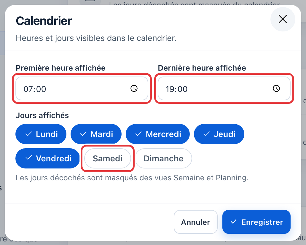 Fenêtre Calendrier : la première heure 07:00, la dernière heure 19:00 et le jour Samedi, décoché, sont entourés en rouge ; bouton Enregistrer.
