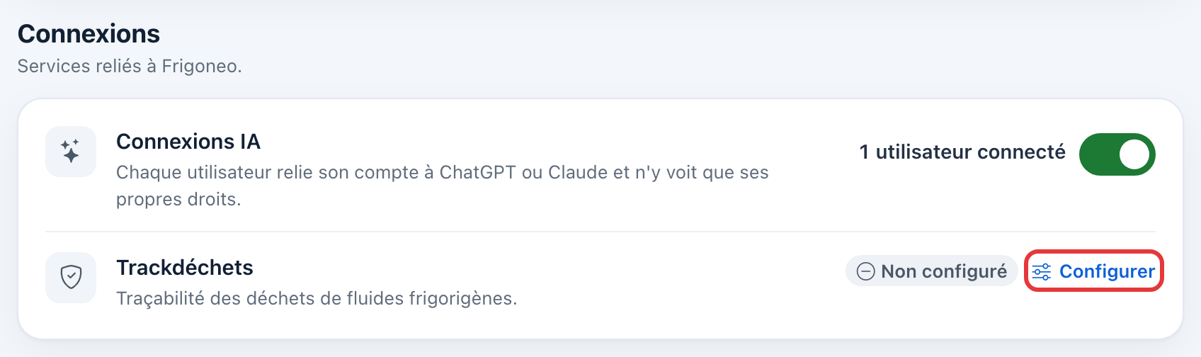 Section Connexions : la ligne Connexions IA avec son interrupteur, et la ligne Trackdéchets « Non configuré » avec le bouton Configurer entouré en rouge.