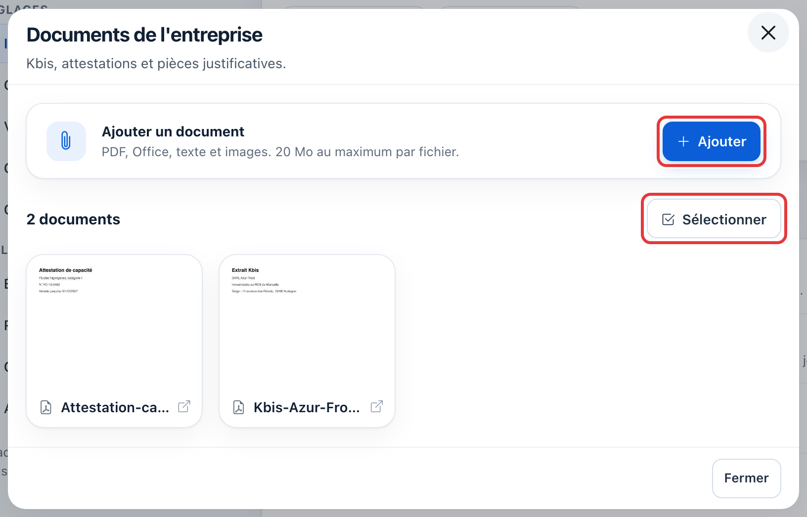 Fenêtre Documents de l'entreprise : le bouton Ajouter et le bouton Sélectionner sont entourés en rouge ; dessous, les deux documents en vignettes.