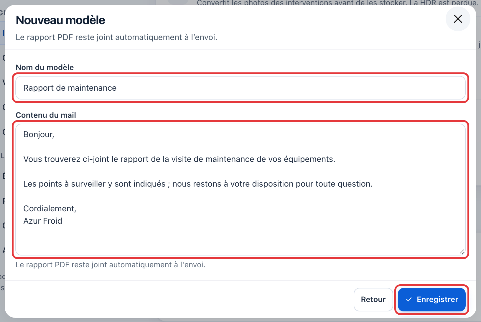 Fenêtre Nouveau modèle : le nom « Rapport de maintenance », le contenu du mail et le bouton Enregistrer sont entourés en rouge.