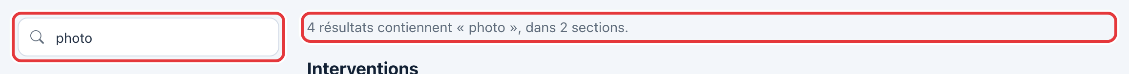 Recherche « photo » : le champ et le résultat « 4 résultats contiennent « photo », dans 2 sections » sont entourés en rouge.