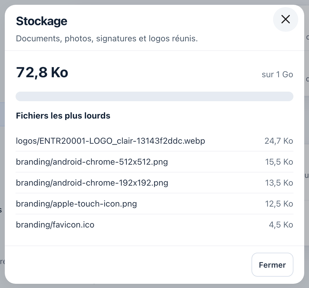 Fenêtre Stockage : 116,3 Ko sur 1 Go, la barre de progression et la liste des fichiers les plus lourds.