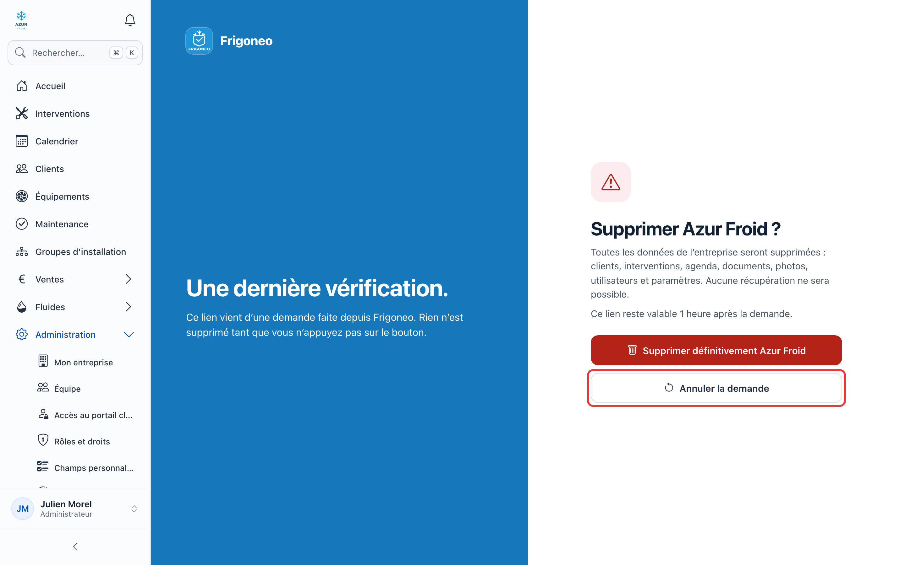 Page « Une dernière vérification » ouverte depuis l'e-mail : « Supprimer Azur Froid ? », le bouton rouge Supprimer définitivement et, entouré en rouge, le bouton Annuler la demande.