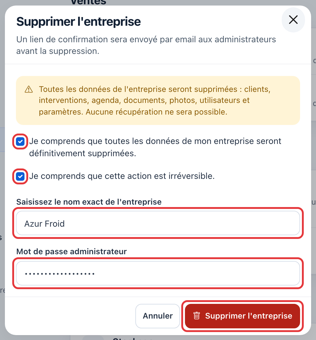 Fenêtre Supprimer l'entreprise : l'avertissement, les deux cases cochées, le nom de l'entreprise, le mot de passe et le bouton rouge Supprimer l'entreprise, tous entourés en rouge.