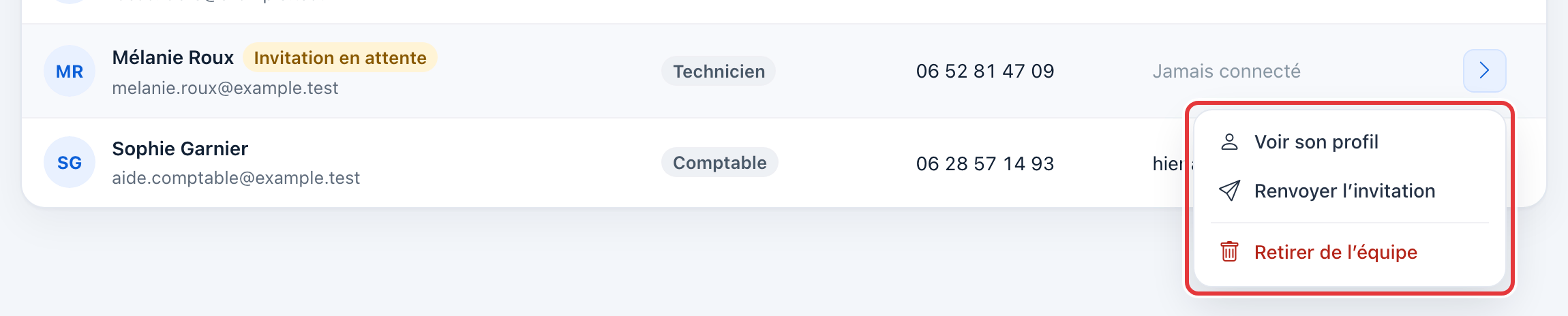 Menu d'une ligne, entouré en rouge : Voir son profil, Renvoyer l'invitation, Retirer de l'équipe.