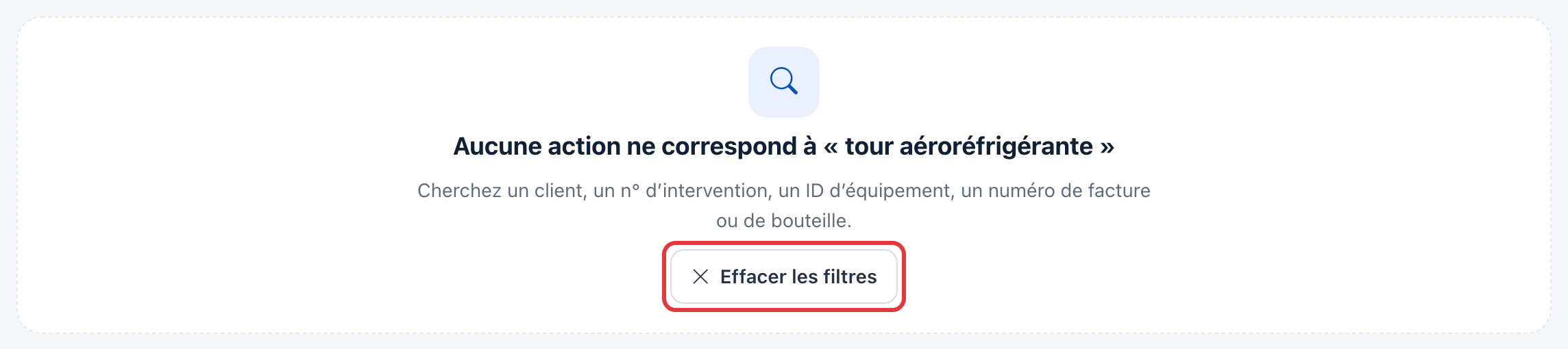 Message « Aucune action ne correspond à « tour aéroréfrigérante » » avec le bouton Effacer les filtres entouré en rouge.