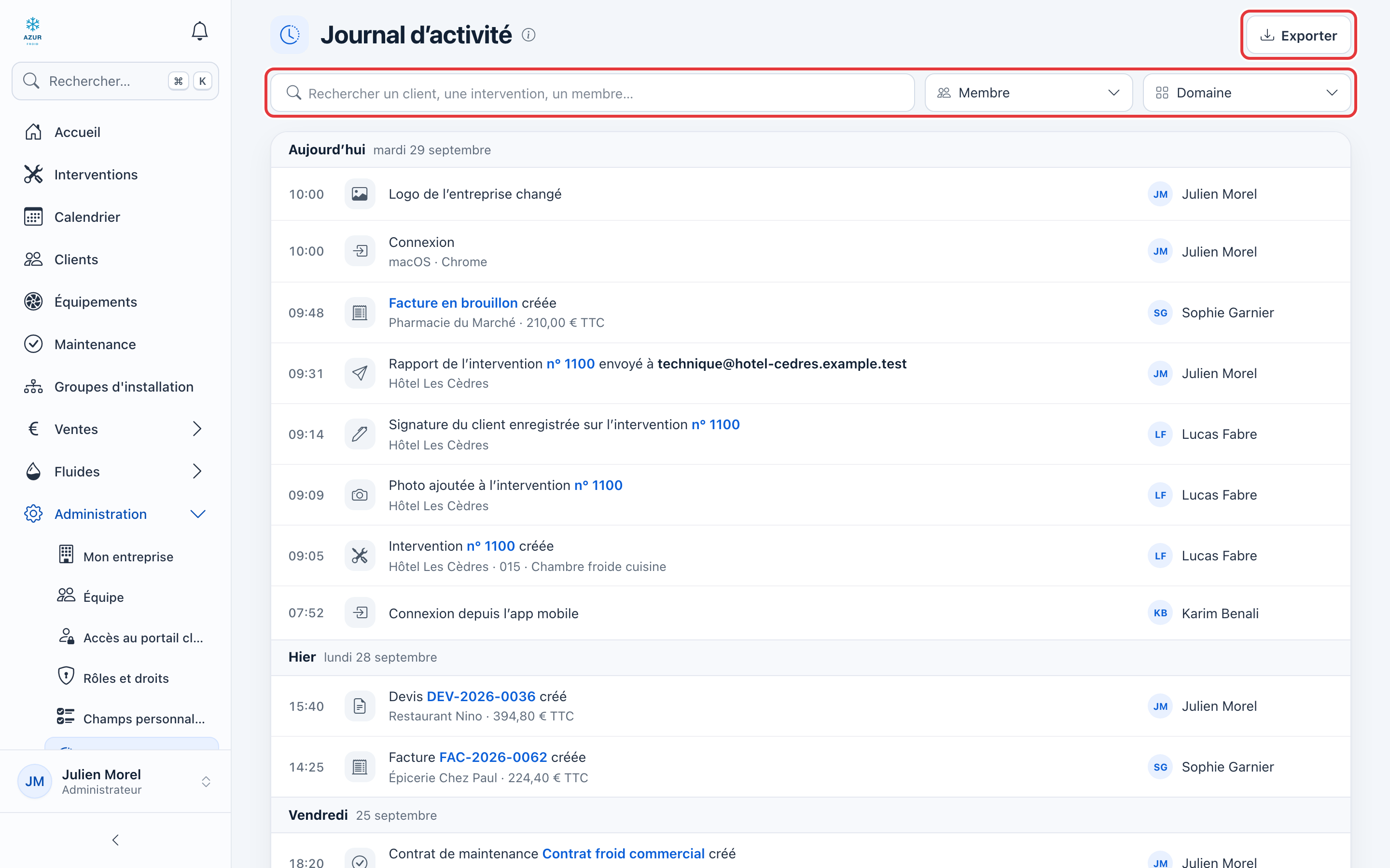 Page Journal d'activité : la barre de recherche avec les filtres Membre et Domaine, et le bouton Exporter, sont entourés en rouge ; dessous, les actions d'aujourd'hui et d'hier, avec l'heure et l'auteur.