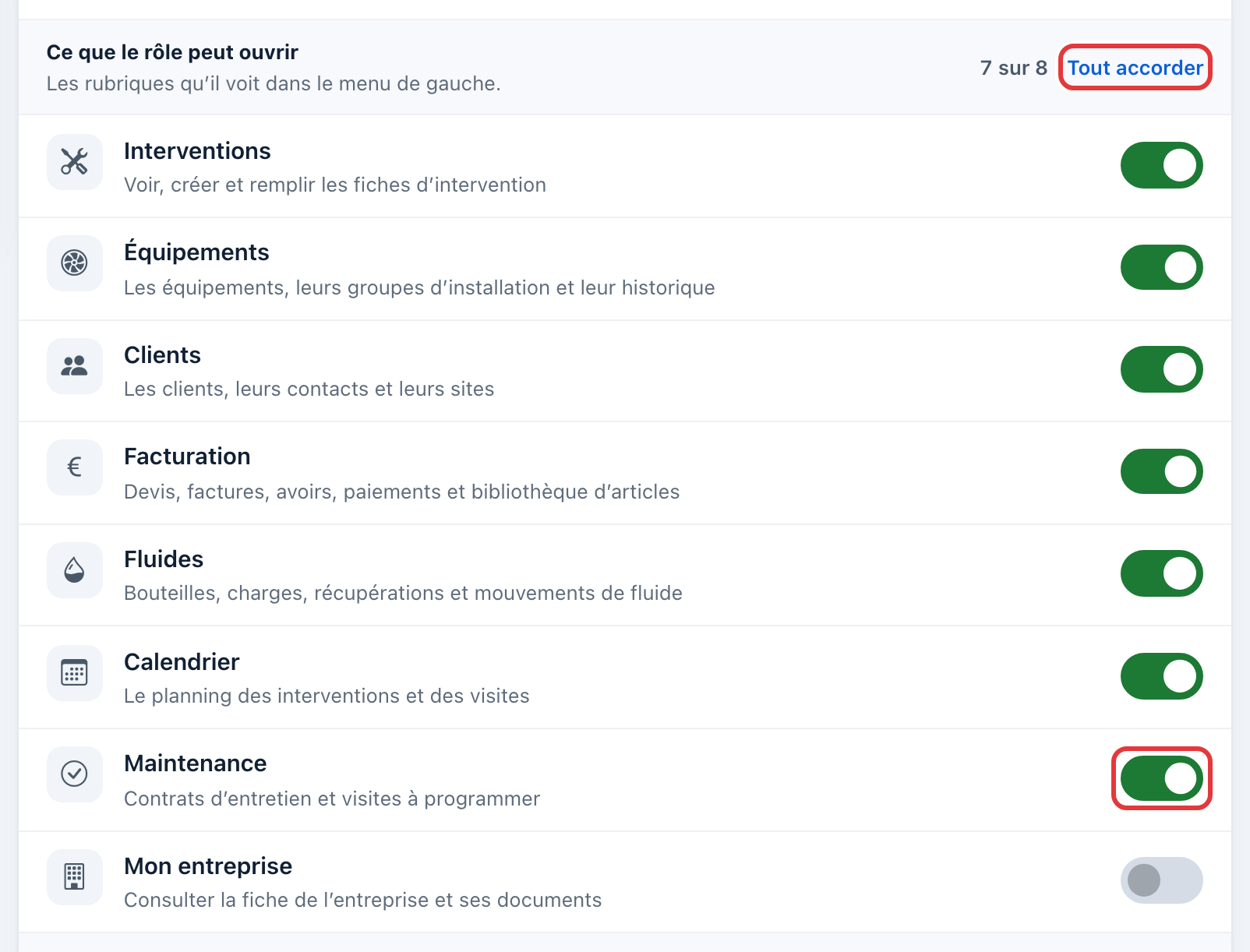 Groupe « Ce que le rôle peut ouvrir », 7 sur 8 : le lien Tout accorder et l'interrupteur Maintenance sont entourés en rouge ; Mon entreprise est le seul droit coupé.