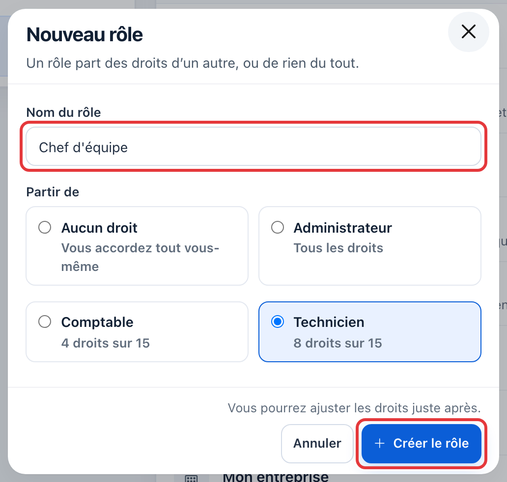 Fenêtre Nouveau rôle : le nom « Chef d'équipe » et le bouton Créer le rôle sont entourés en rouge ; le choix Partir de Technicien (8 droits sur 15) est sélectionné.