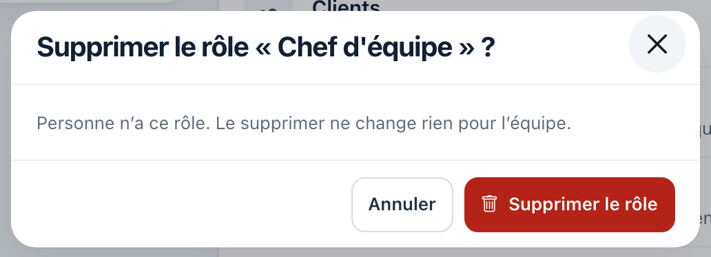 Fenêtre « Supprimer le rôle « Chef d'équipe » ? » : « Personne n'a ce rôle. Le supprimer ne change rien pour l'équipe. », boutons Annuler et Supprimer le rôle.