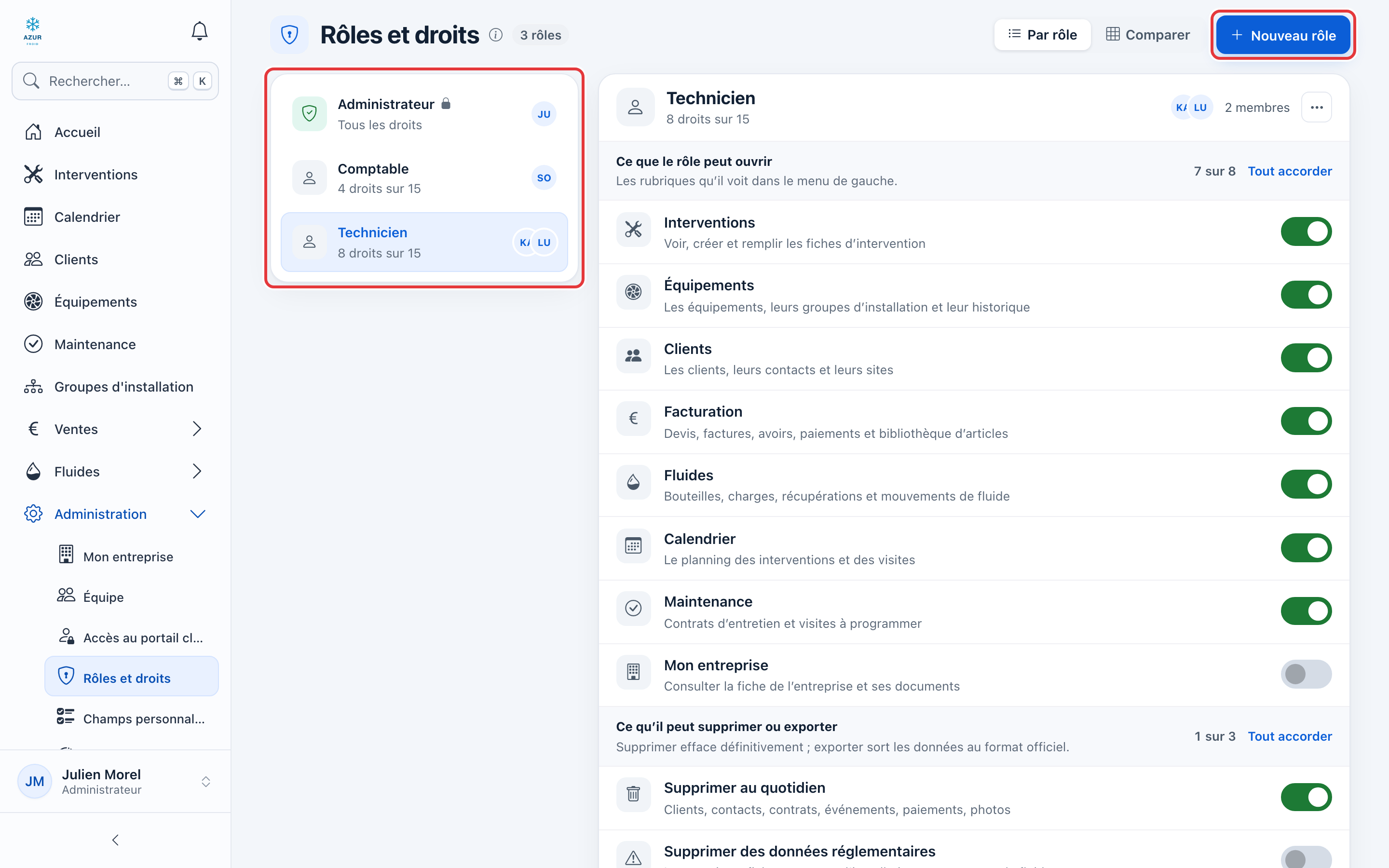 Page Rôles et droits : la liste des rôles (Administrateur verrouillé, Comptable, Technicien) et le bouton Nouveau rôle sont entourés en rouge ; à droite, les droits du rôle Technicien.