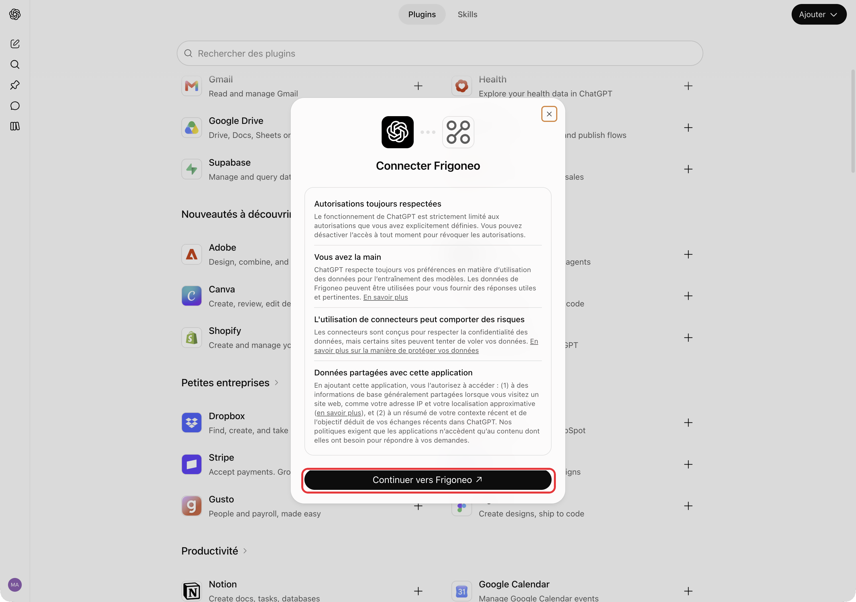Fenêtre Connecter Frigoneo de ChatGPT, qui rappelle ce que l'application pourra lire : le bouton Continuer vers Frigoneo est entouré en rouge.