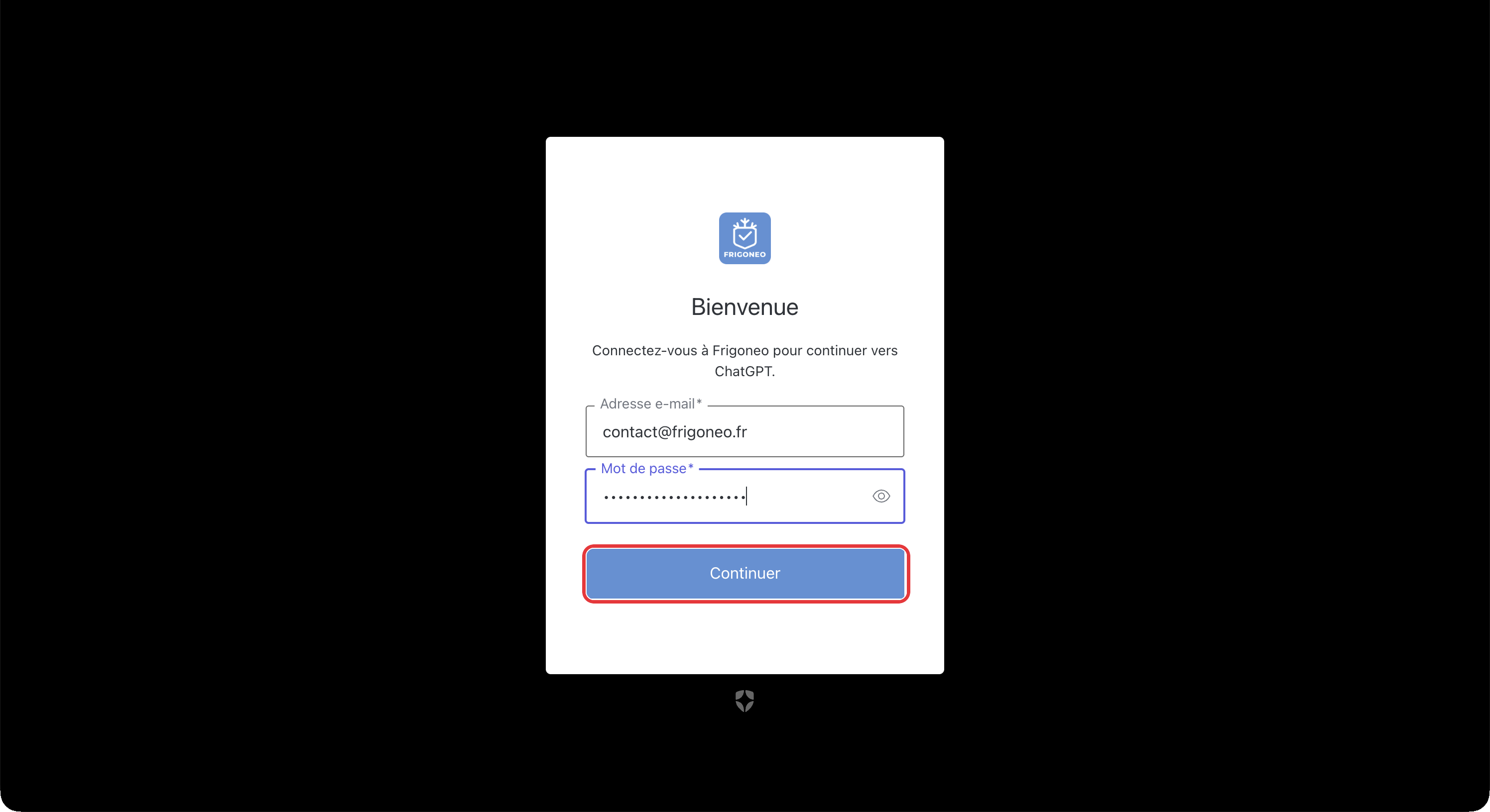 Page de connexion Frigoneo, « Connectez-vous à Frigoneo pour continuer vers ChatGPT » : adresse e-mail et mot de passe remplis, bouton Continuer entouré en rouge.
