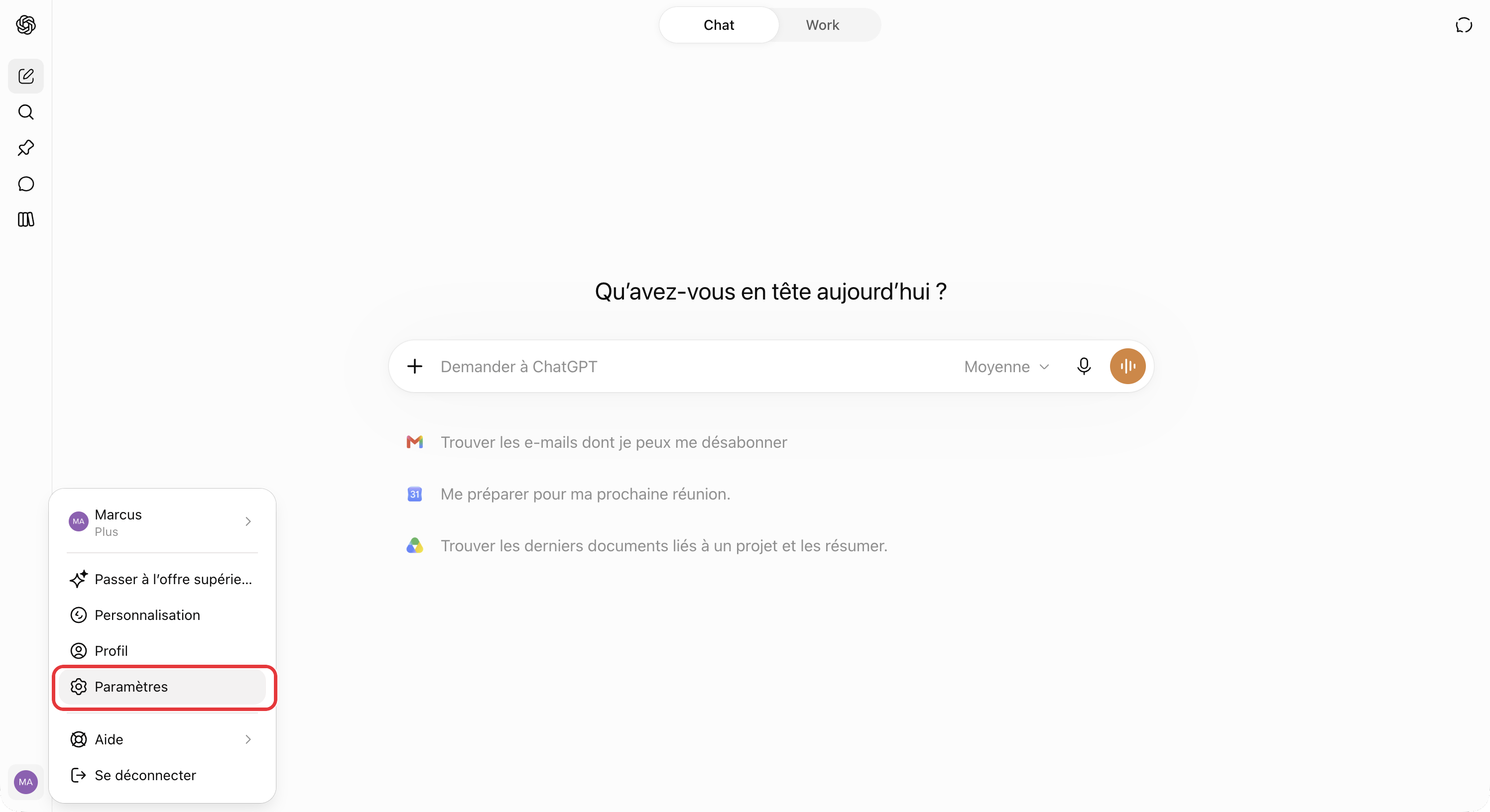 Menu du compte ChatGPT ouvert en bas à gauche : l'entrée Paramètres est entourée en rouge.