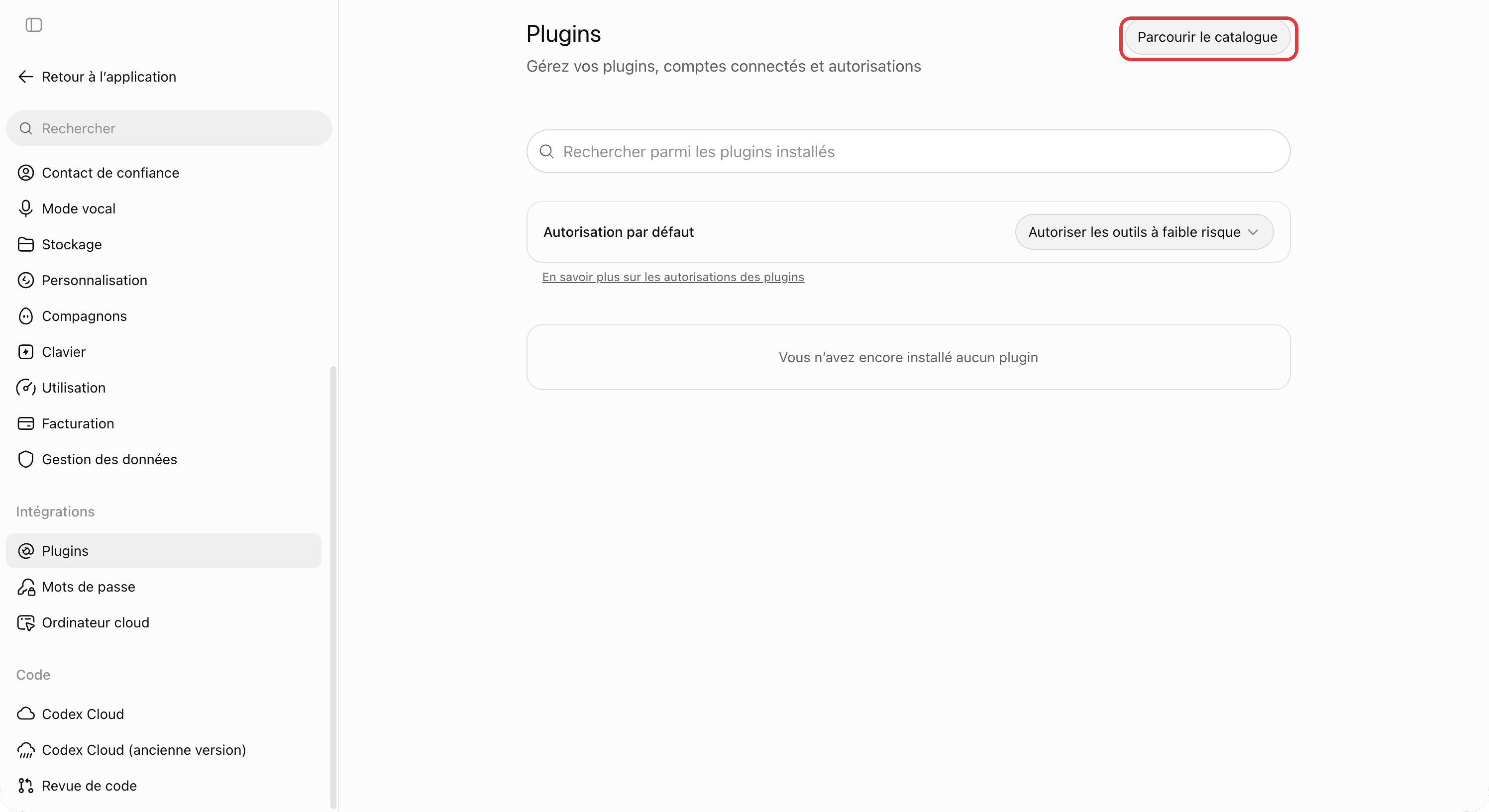 Page Plugins des paramètres de ChatGPT, encore vide : le bouton Parcourir le catalogue est entouré en rouge.