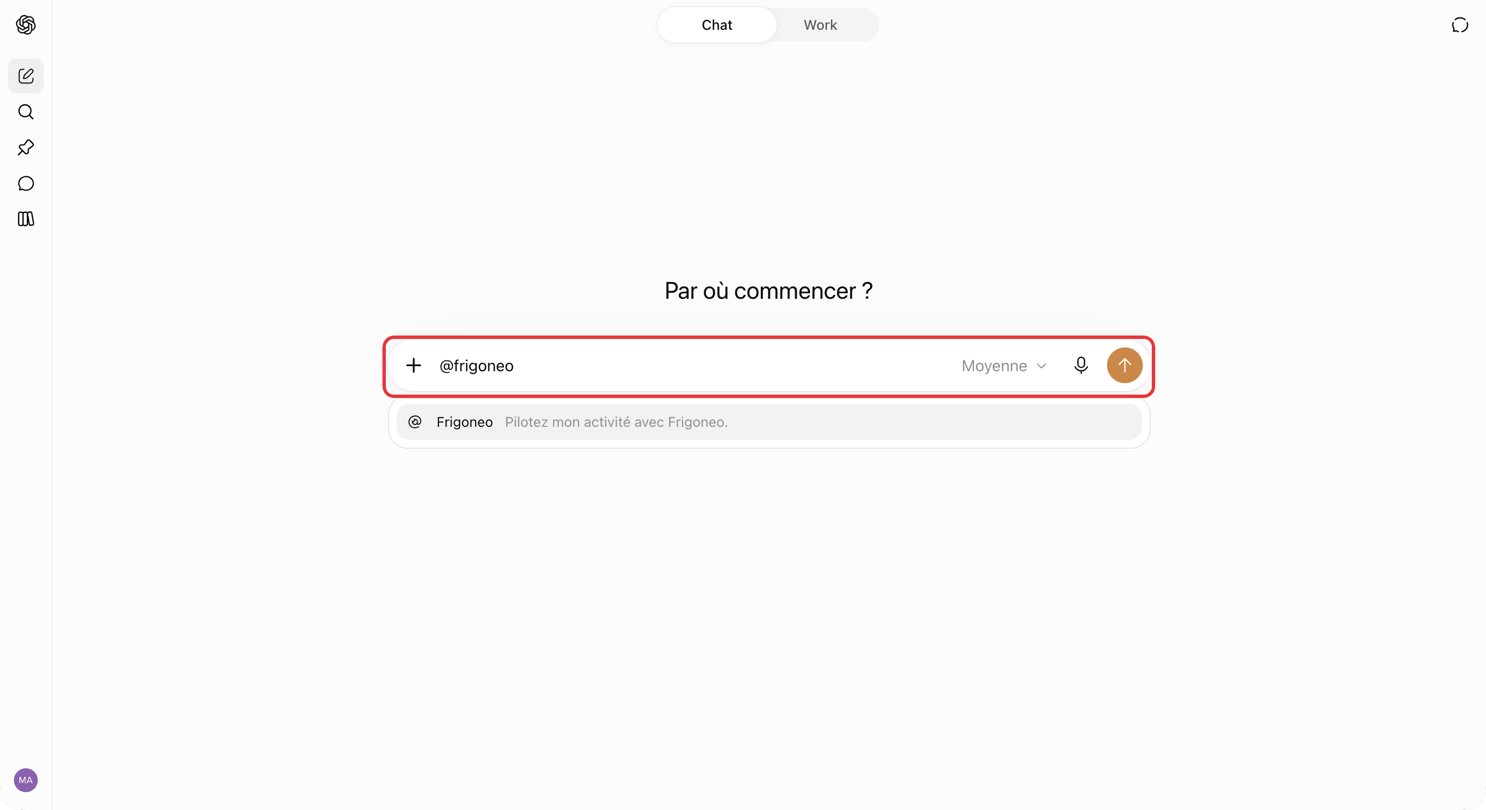 Champ de saisie de ChatGPT avec « @frigoneo » tapé : la suggestion Frigoneo, « Pilotez mon activité avec Frigoneo », est entourée en rouge.