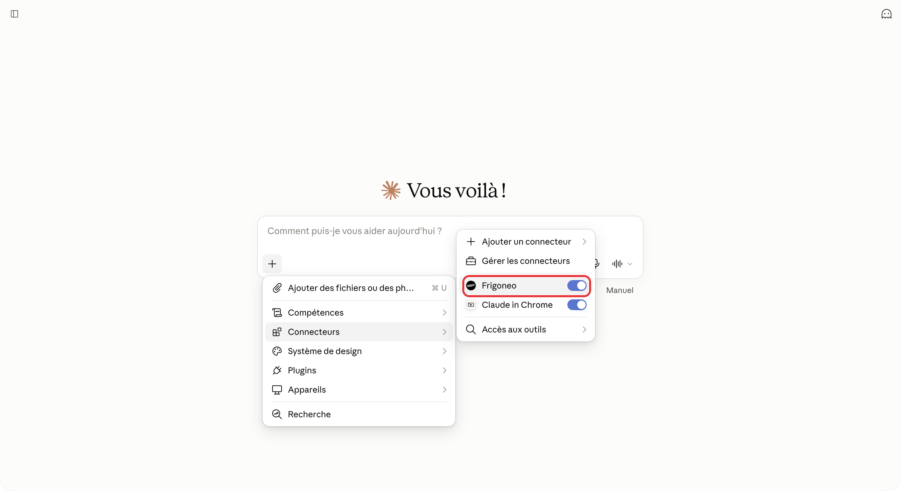 Menu Connecteurs de Claude : la ligne Frigoneo avec son interrupteur activé est entourée en rouge.