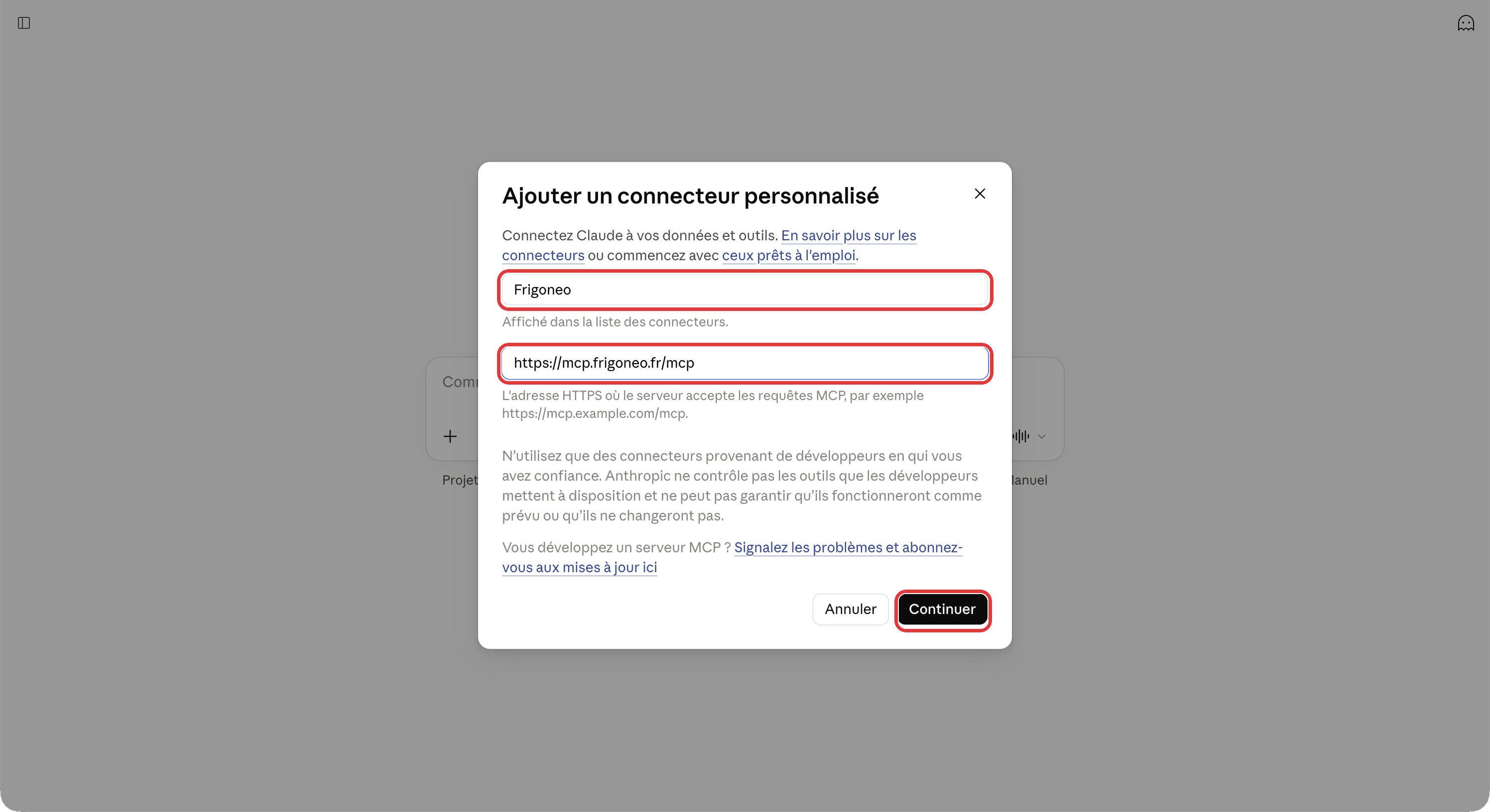 Fenêtre Ajouter un connecteur personnalisé : le nom Frigoneo, l'adresse https://mcp.frigoneo.fr/mcp et le bouton Continuer sont entourés en rouge.