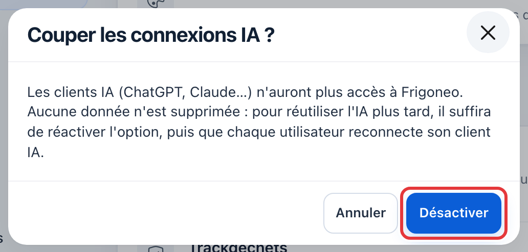 Fenêtre Couper les connexions IA ? avec son explication ; le bouton Désactiver est entouré en rouge.