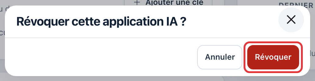 Confirmation « Révoquer cette application IA ? » : le bouton rouge Révoquer est entouré en rouge.