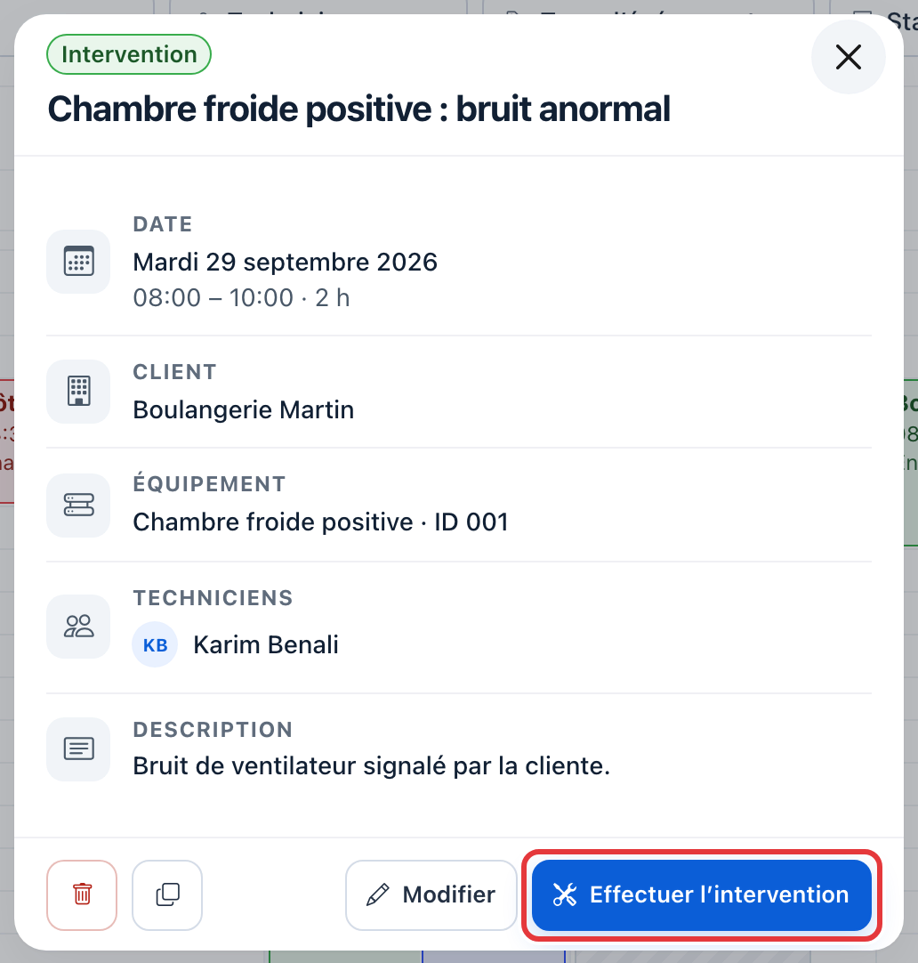 Fenêtre de l'événement « Chambre froide positive : bruit anormal » : le bouton Effectuer l'intervention est entouré en rouge.