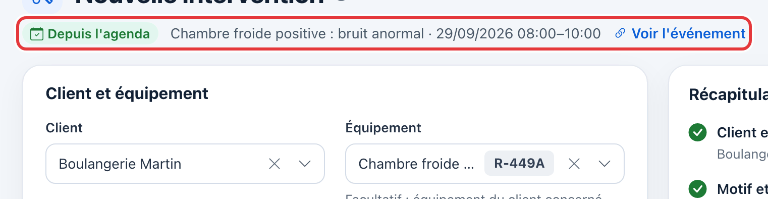 Formulaire d'intervention : le bandeau « Depuis l'agenda » (titre, date et horaire de l'événement) est entouré en rouge ; client Boulangerie Martin et son équipement déjà choisis.