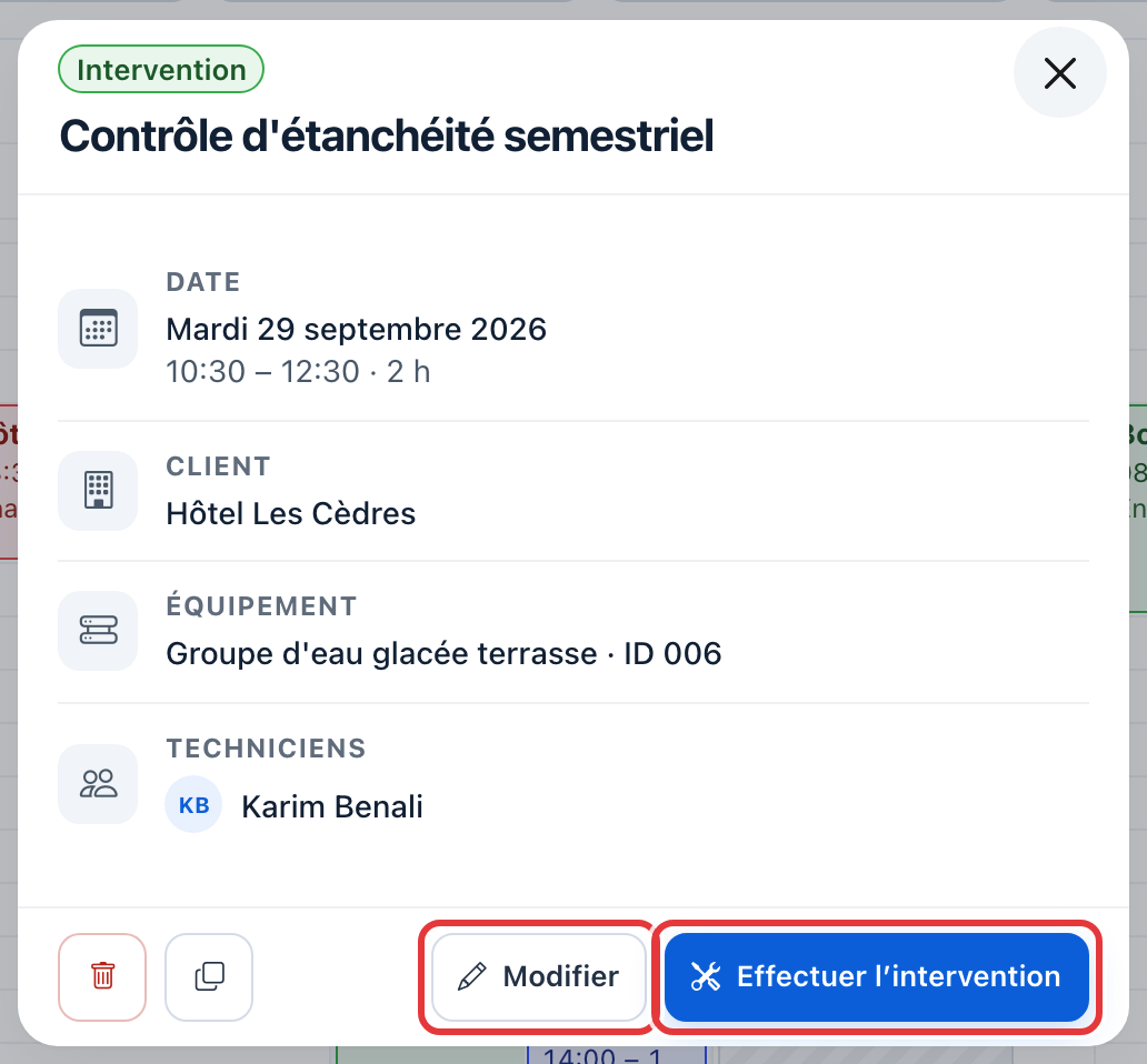 Fenêtre d'un événement « Contrôle d'étanchéité semestriel » : les boutons Modifier et Effectuer l'intervention sont entourés en rouge ; corbeille et copie en bas à gauche.