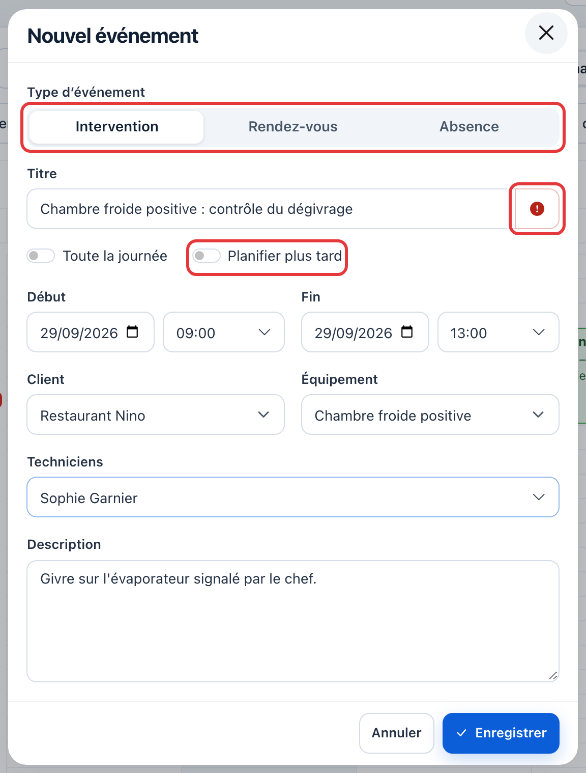 Fenêtre Nouvel événement : le type Intervention, le bouton Urgent (!) et l'interrupteur Planifier plus tard sont entourés en rouge ; client, équipement, techniciens et description remplis.
