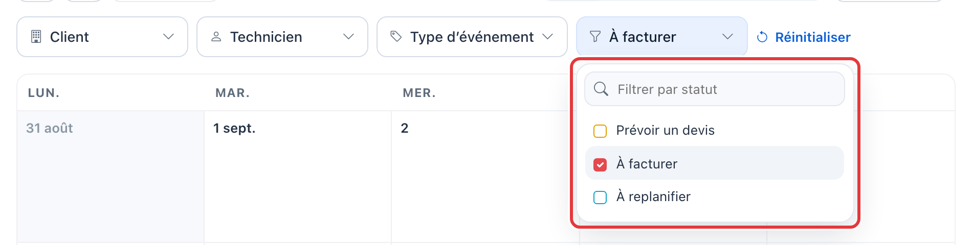 Filtre Statut d'intervention ouvert, entouré en rouge : Prévoir un devis, À facturer (coché) et À replanifier.