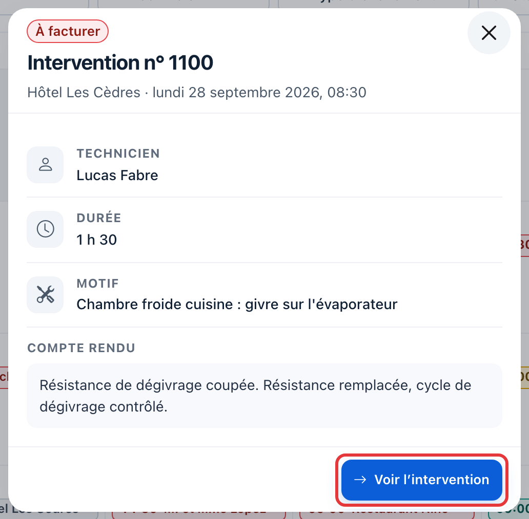 Fenêtre de l'intervention n° 1100 (à facturer) : technicien, durée, motif et compte rendu ; le bouton Voir l'intervention est entouré en rouge.