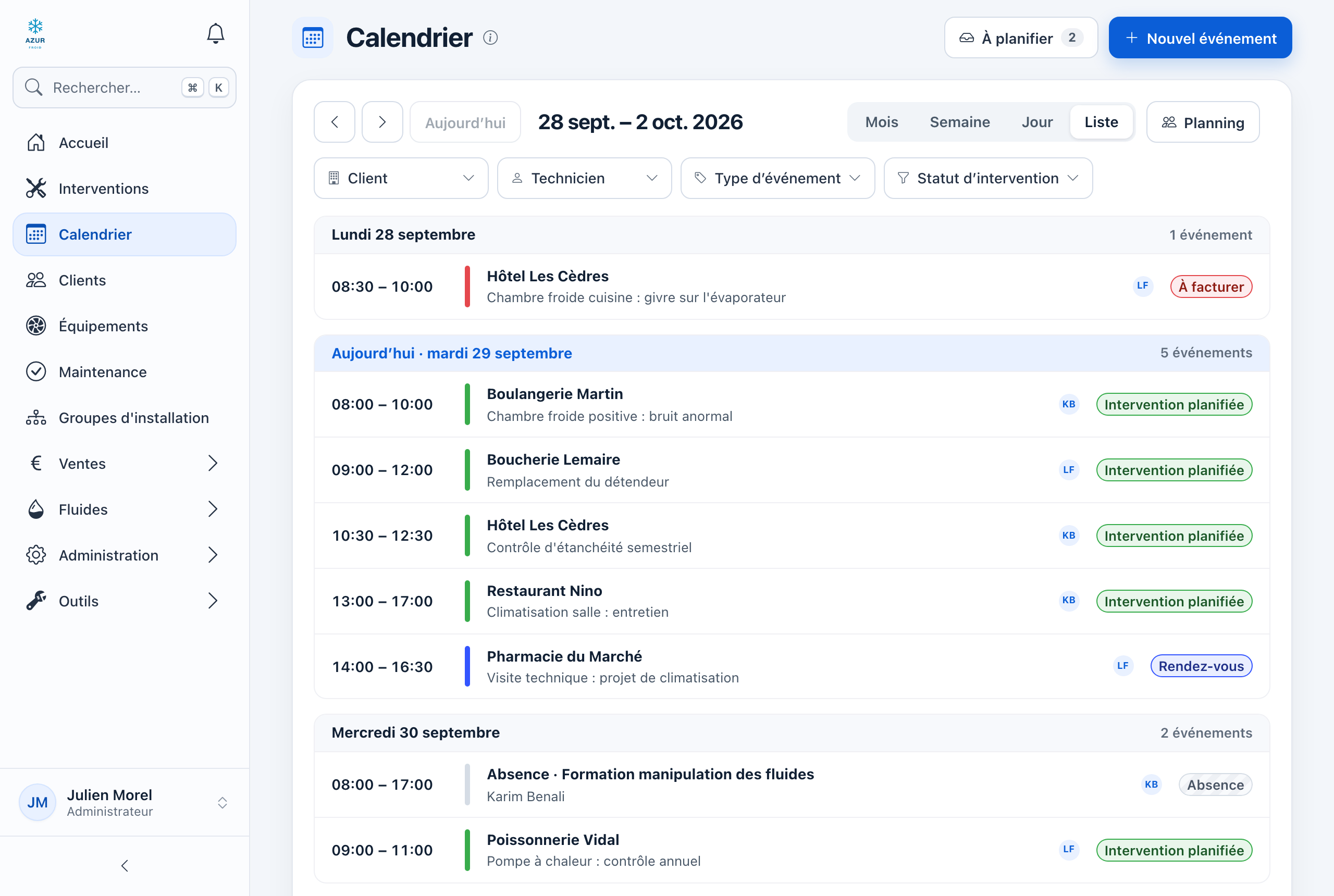 Calendrier en vue Liste : les événements de la période, jour par jour.
