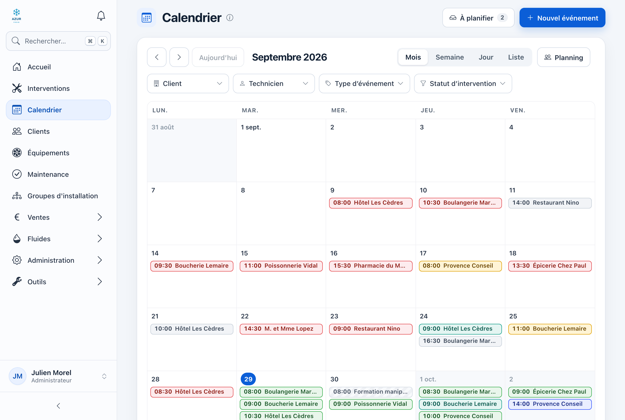 Calendrier en vue Mois : les événements du mois, avec les interventions passées et à venir.