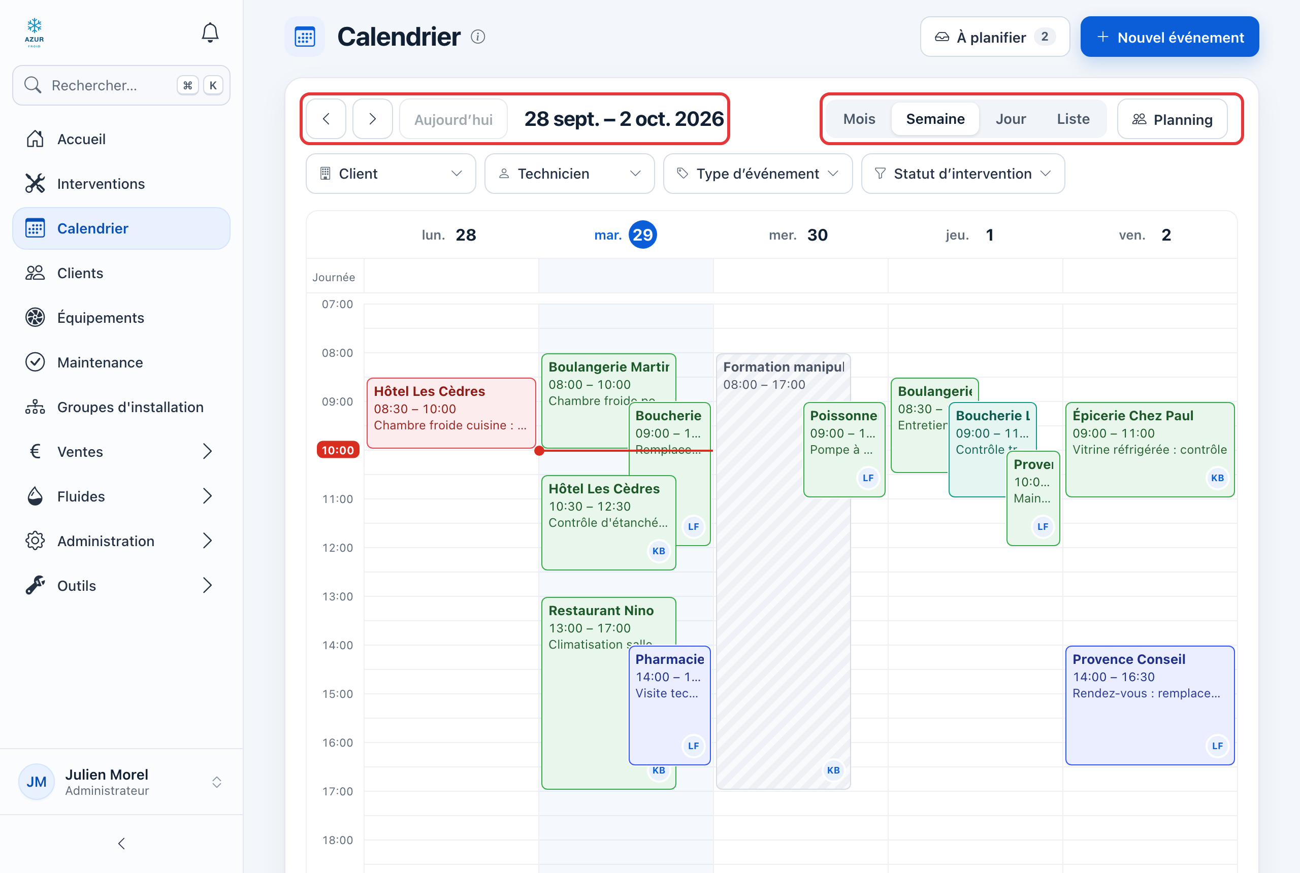 Calendrier en vue Semaine : les boutons de navigation et le choix de la vue (Mois, Semaine, Jour, Liste, Planning) sont entourés en rouge ; les événements de la semaine sont colorés selon leur nature.