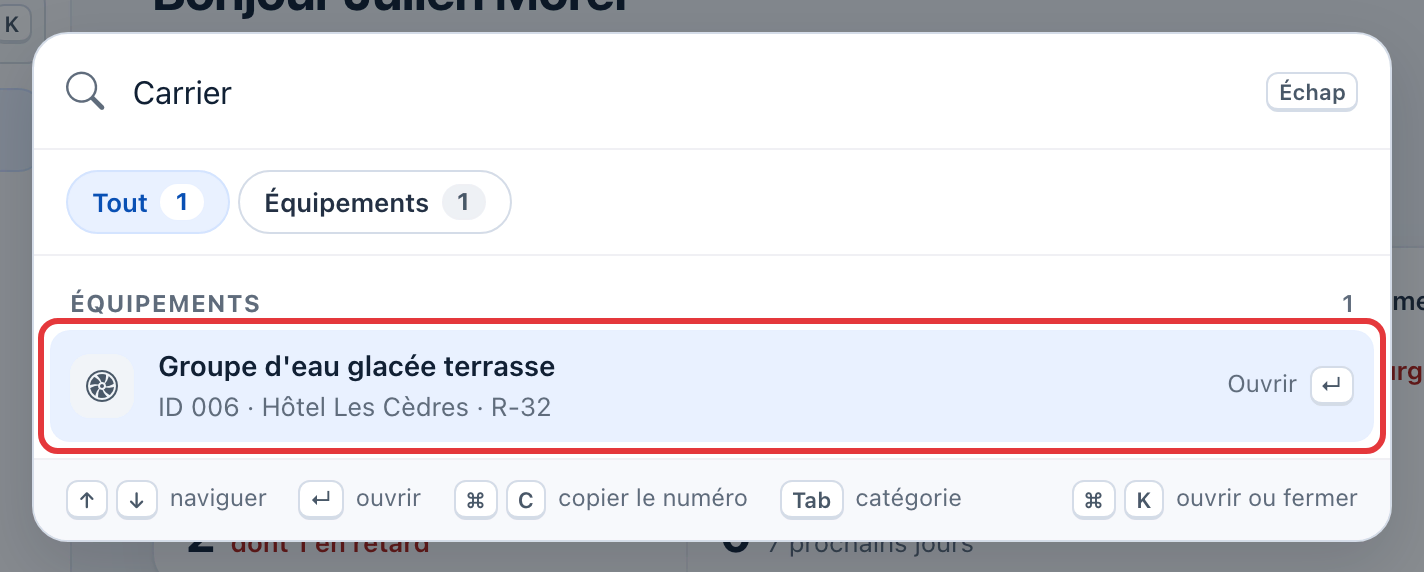 Recherche « Carrier » : le Groupe d'eau glacée terrasse (ID 006, Hôtel Les Cèdres) est entouré en rouge.