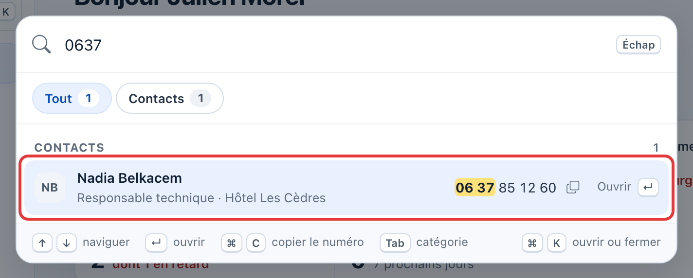 Recherche « 0637 » : le contact Nadia Belkacem, responsable technique de l'Hôtel Les Cèdres, est entouré en rouge.