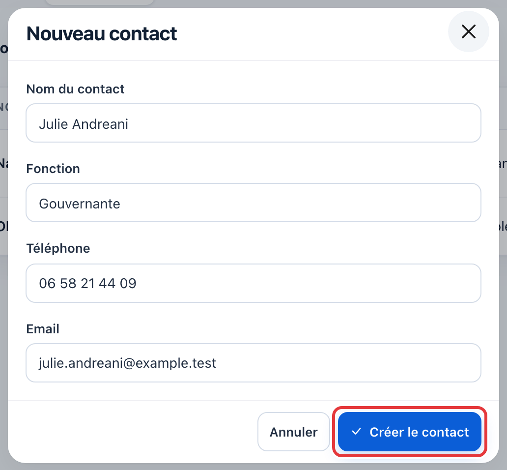 Fenêtre Nouveau contact remplie (Julie Andreani, Gouvernante), avec le bouton Créer le contact entouré en rouge.