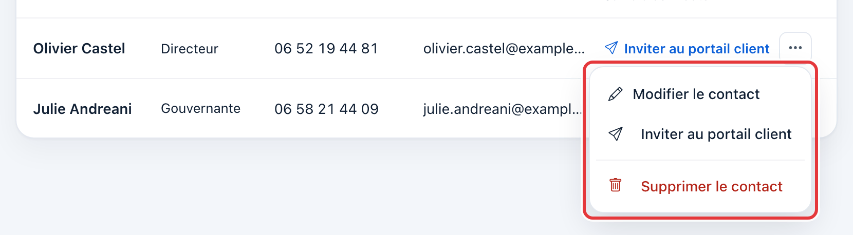 Menu ⋯ d'un contact ouvert : Modifier le contact, Inviter au portail client et Supprimer le contact, entouré en rouge.