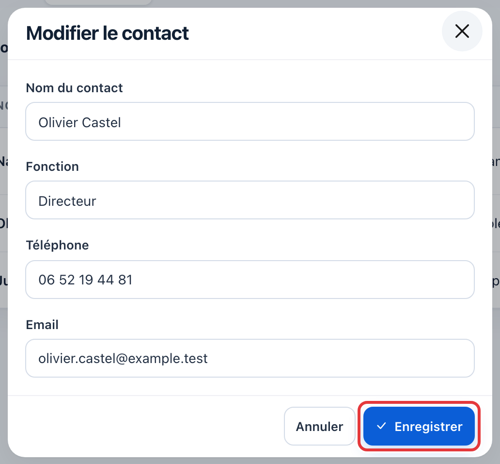 Fenêtre Modifier le contact d'Olivier Castel, avec le bouton Enregistrer entouré en rouge.