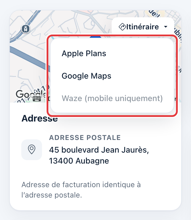Carte de la fiche client : le menu Itinéraire ouvert, avec Apple Plans, Google Maps et Waze, est entouré en rouge.