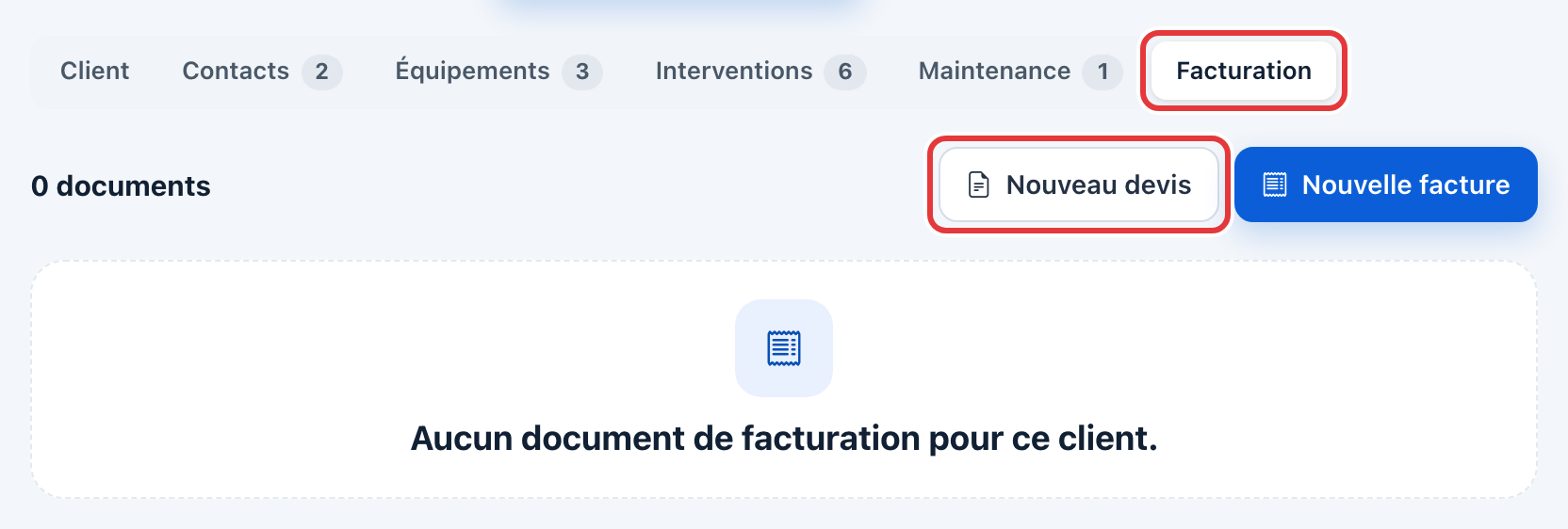 Onglet Facturation de la fiche client, avec les boutons Nouveau devis (entouré en rouge) et Nouvelle facture.