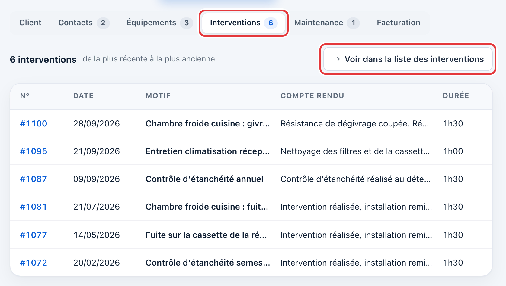 Onglet Interventions de la fiche client, avec le bouton Voir dans la liste des interventions entouré en rouge.