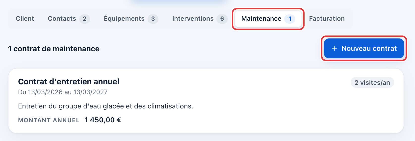Onglet Maintenance de la fiche client : un contrat d'entretien et le bouton Nouveau contrat entouré en rouge.