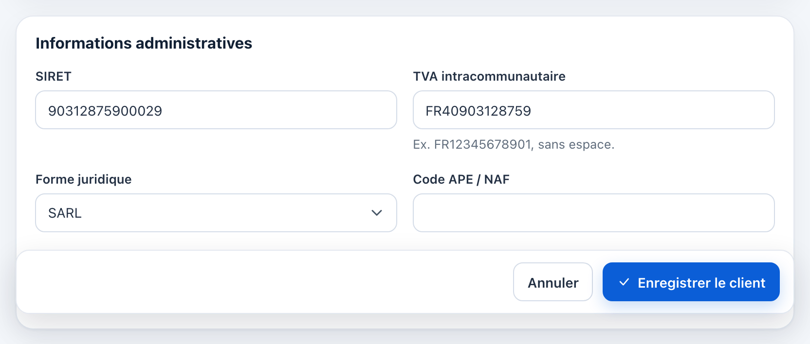 Carte Informations administratives : SIRET, TVA, forme juridique SARL et type d'activité Restauration remplis.
