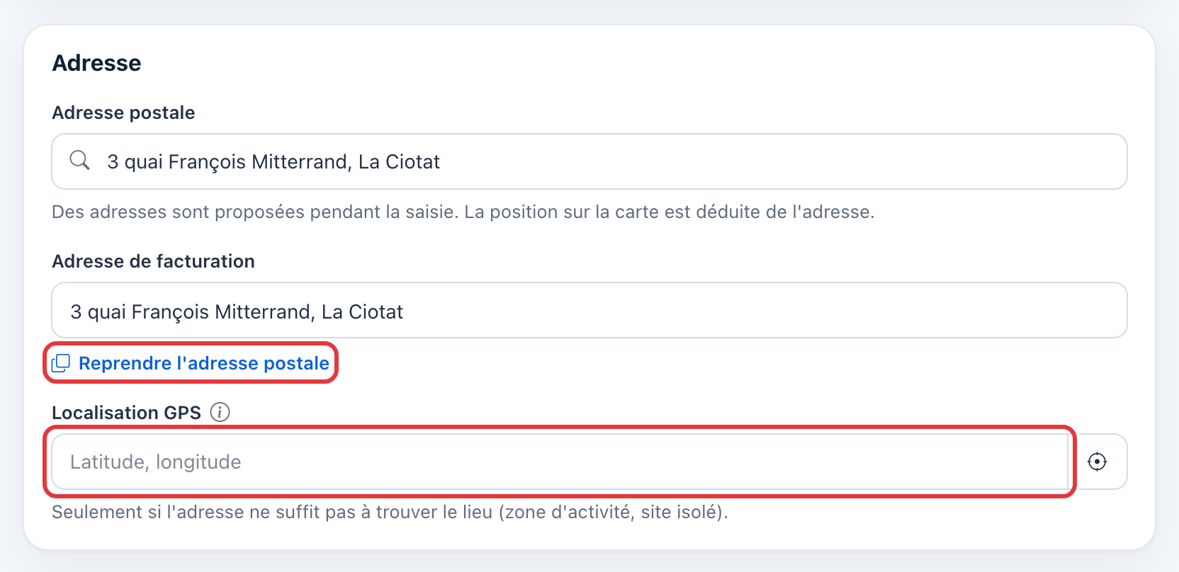 Carte Adresse : le lien Reprendre l'adresse postale et le champ Localisation GPS sont entourés en rouge.