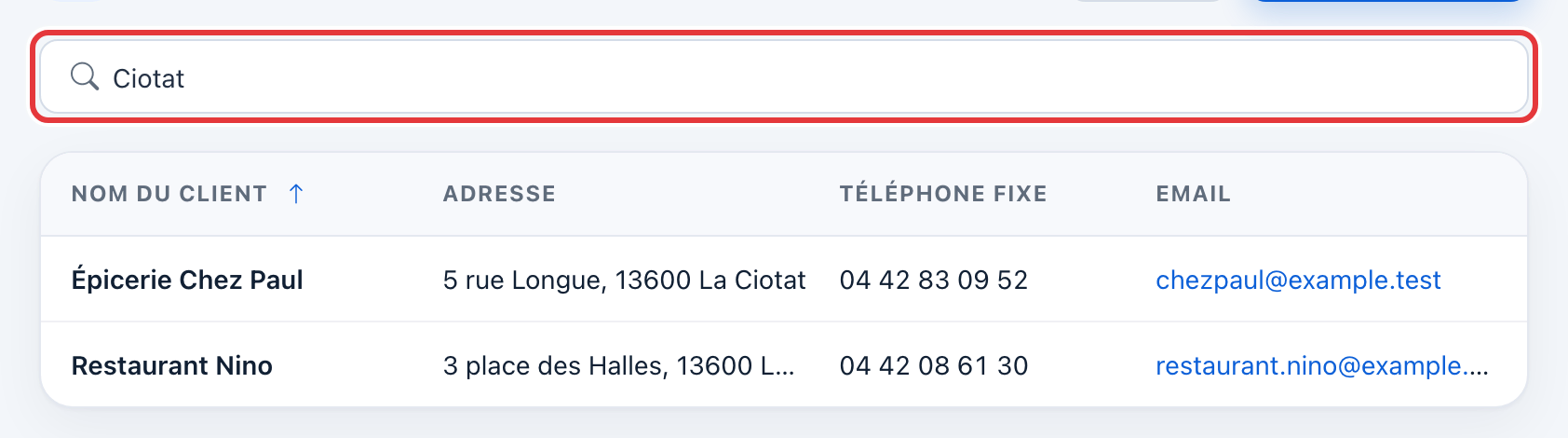 Recherche « Ciotat » : seuls les deux clients de La Ciotat restent dans la liste.