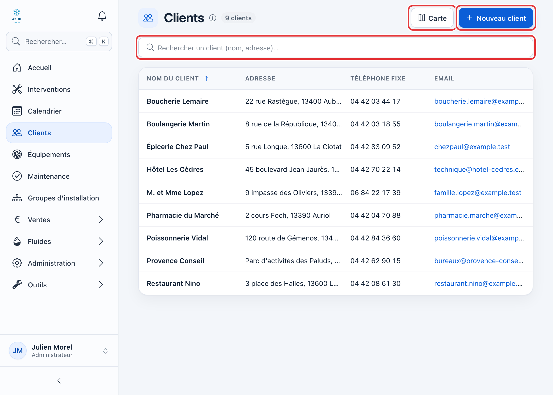 Page Clients : le champ de recherche, le bouton Carte et le bouton Nouveau client sont entourés en rouge.