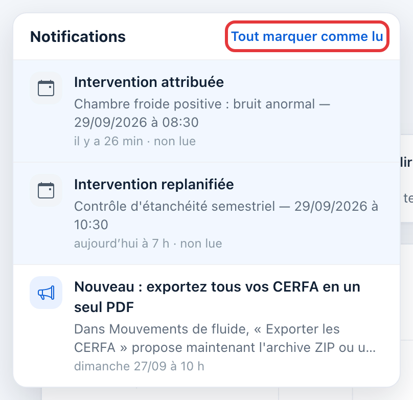 Haut du panneau des notifications : le lien Tout marquer comme lu est entouré en rouge.