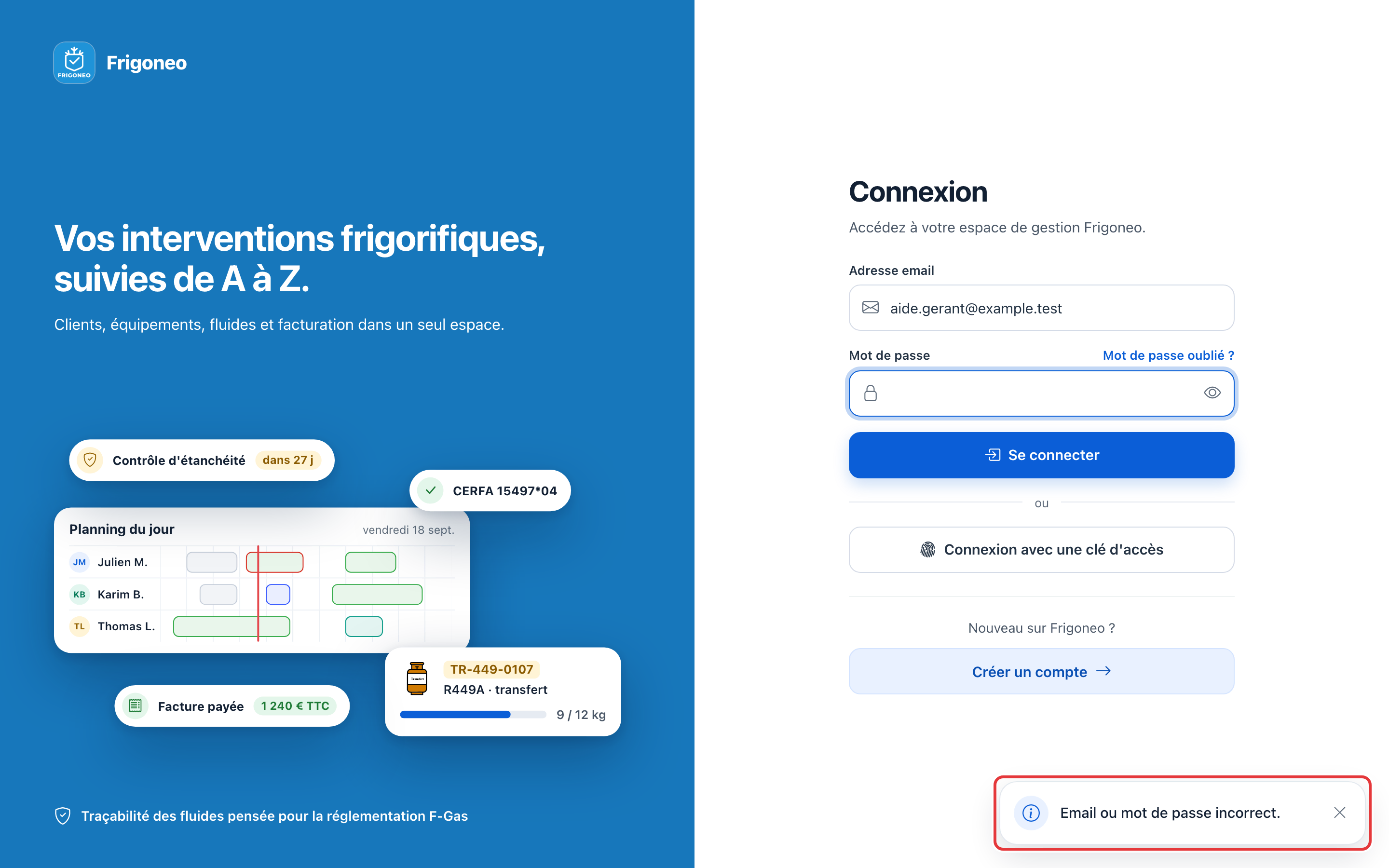 Page de connexion avec le message « Email ou mot de passe incorrect. » dans une bulle, en bas à droite, entourée en rouge.